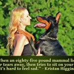 Kristan Higgins quote - dog quotes “When an eighty-five pound mammal licks your tears away, then tries to sit on your lap, it’s hard to feel sad.” - Kristan Higgins - woman w/ dog doberman pic